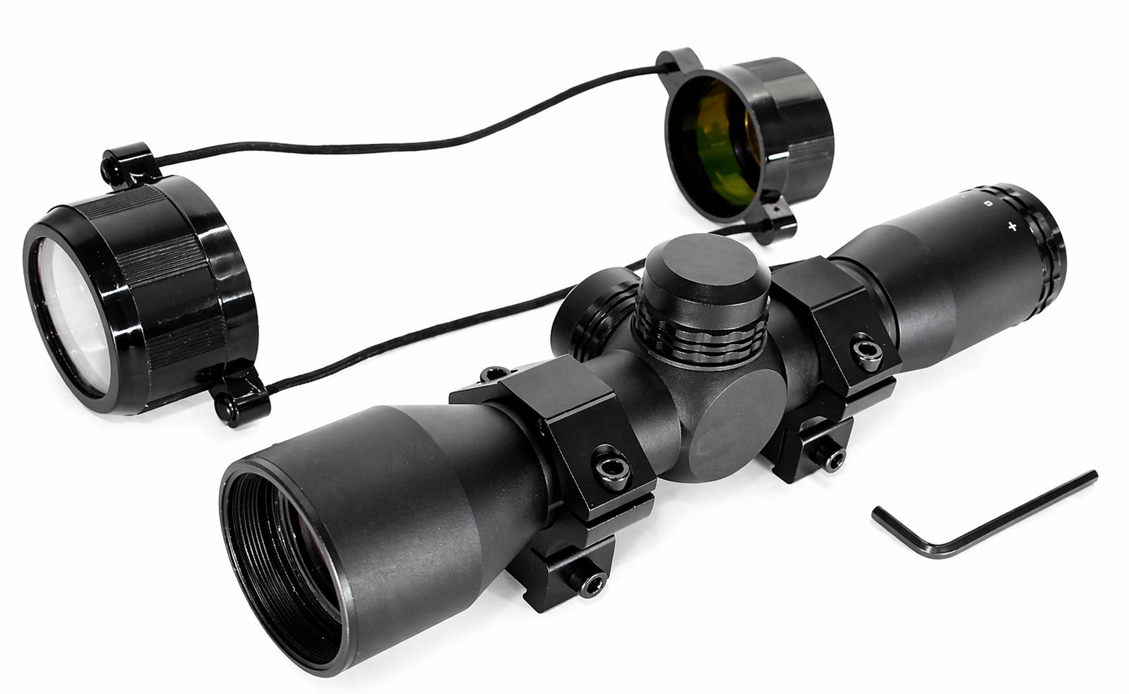Black rifle scope with attached light on a white background