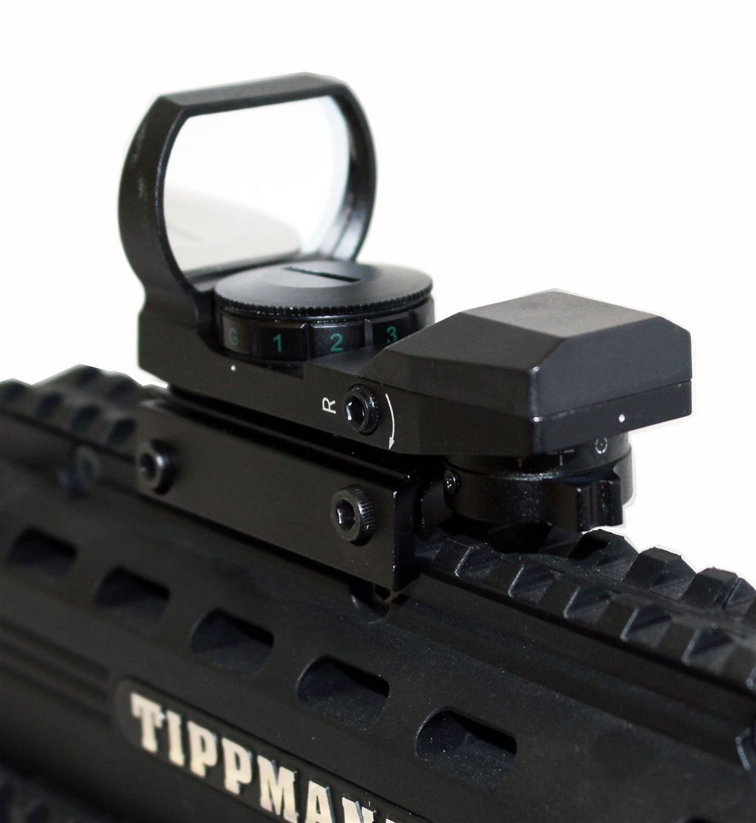 Trinity reflex sight with 4 reticles red green for tactical paintball guns.